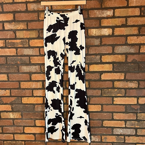 Black & White Cow Print Flare High Waisted Pants - Picture 2 of 3